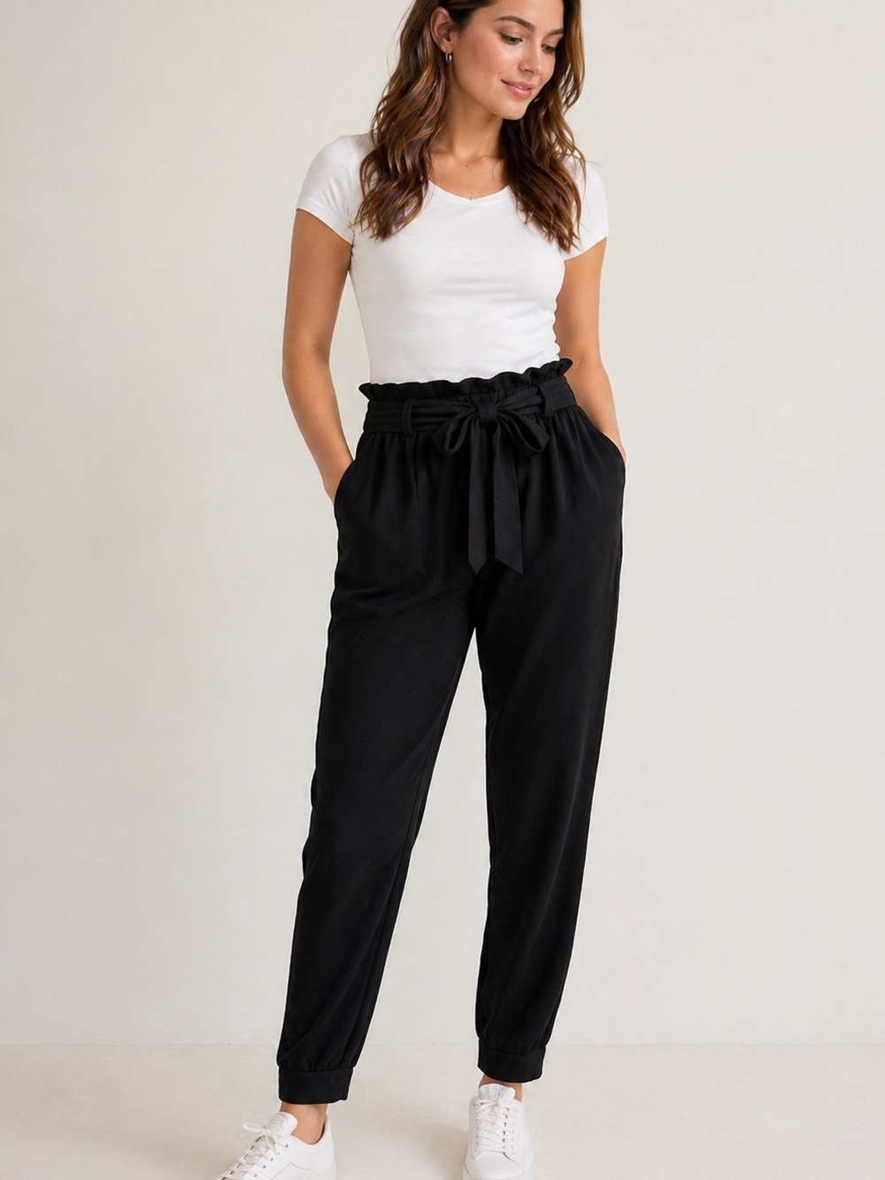 Women's Black Paperbag Waist Tie Jogger Trousers | size medium